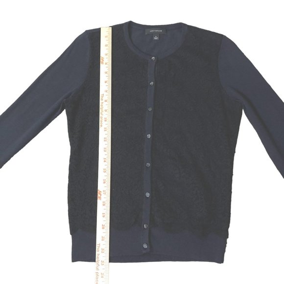 Ann Taylor Cardigan Sweater Womens S Used Navy with Black Lace Front - Picture 7 of 15